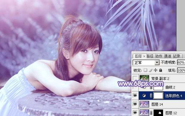 ‘Photoshop为夏日趴在石桌上的美女图片增加小清新淡蓝色‘
