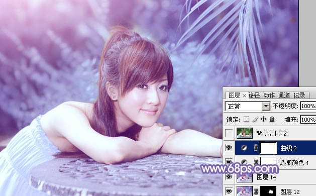 ‘Photoshop为夏日趴在石桌上的美女图片增加小清新淡蓝色‘