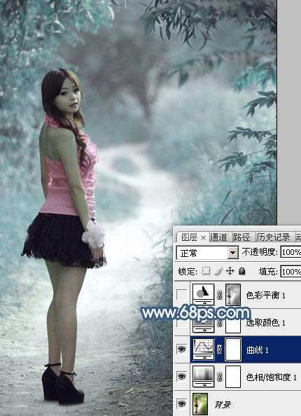 ‘Photoshop为树景美女图片打造梦幻的冷调青蓝色‘