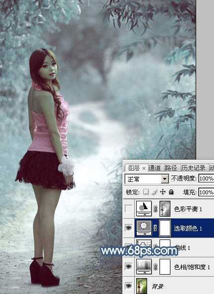 ‘Photoshop为树景美女图片打造梦幻的冷调青蓝色‘