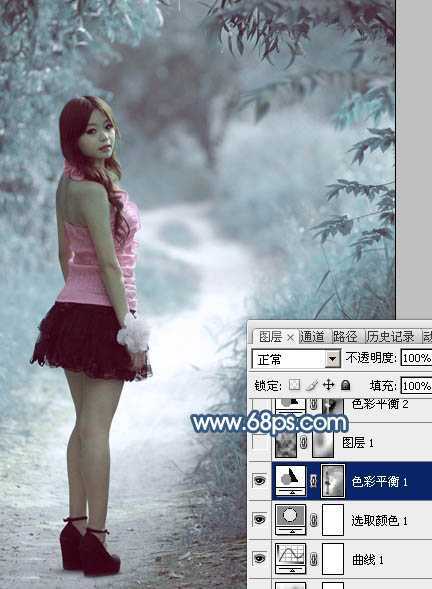 ‘Photoshop为树景美女图片打造梦幻的冷调青蓝色‘