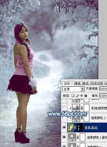 ‘Photoshop为树景美女图片打造梦幻的冷调青蓝色‘