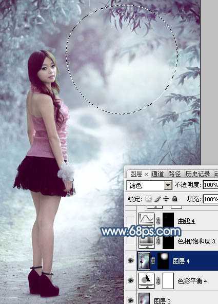 ‘Photoshop为树景美女图片打造梦幻的冷调青蓝色‘