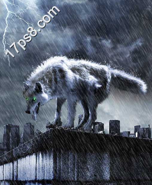 ‘photoshop合成制作出雨夜闪电绿色眼睛金刚狼‘