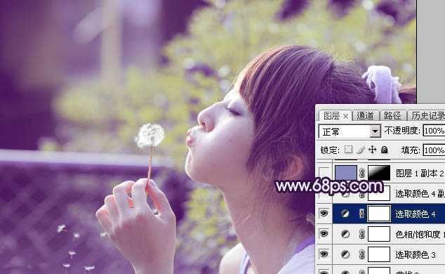 ‘Photoshop调出梦幻浪漫的蓝紫色外景美女图片‘