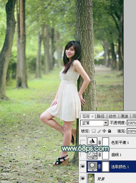 ‘Photoshop为树林美女图片打造出柔和的青黄色‘