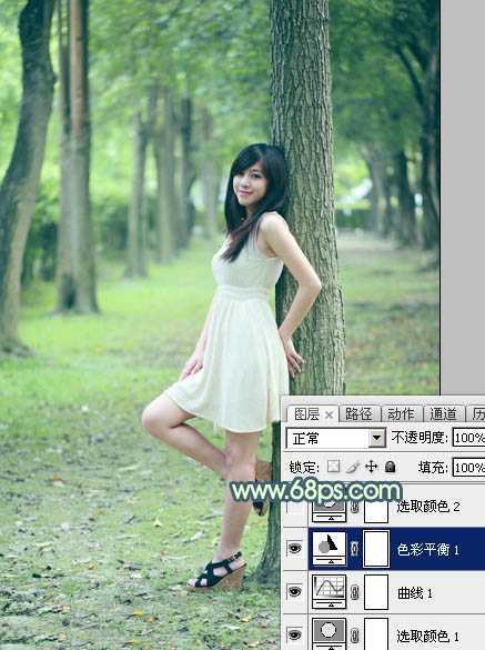 ‘Photoshop为树林美女图片打造出柔和的青黄色‘