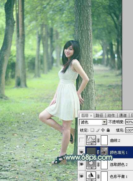 ‘Photoshop为树林美女图片打造出柔和的青黄色‘