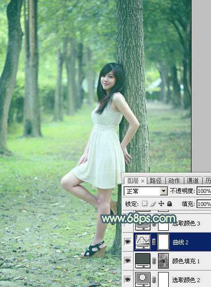 ‘Photoshop为树林美女图片打造出柔和的青黄色‘