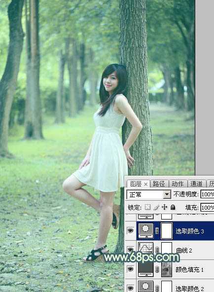 ‘Photoshop为树林美女图片打造出柔和的青黄色‘