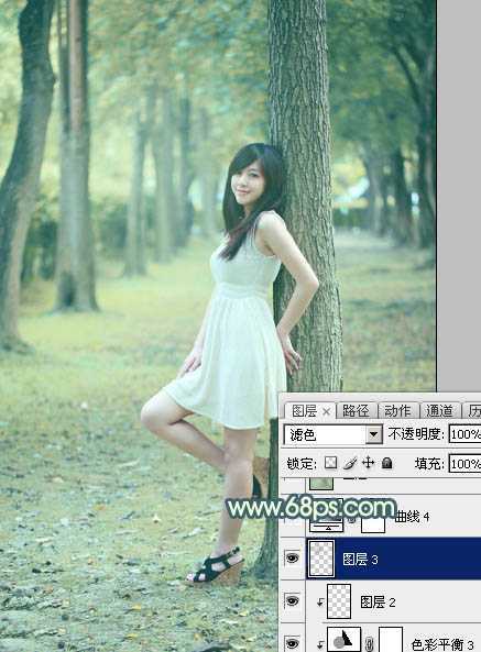 ‘Photoshop为树林美女图片打造出柔和的青黄色‘