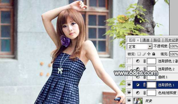 ‘Photoshop为古屋边的美女加上甜美的淡调黄绿色‘
