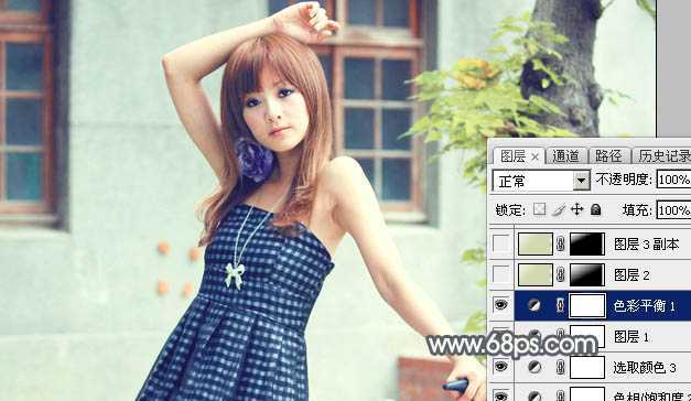 ‘Photoshop为古屋边的美女加上甜美的淡调黄绿色‘