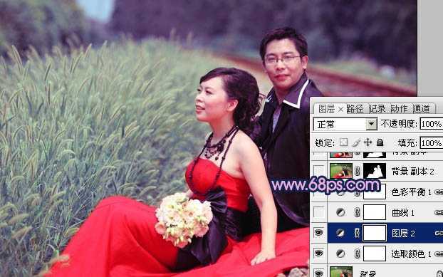 ‘Photoshop将铁轨婚片调制成暗调青蓝色效果‘