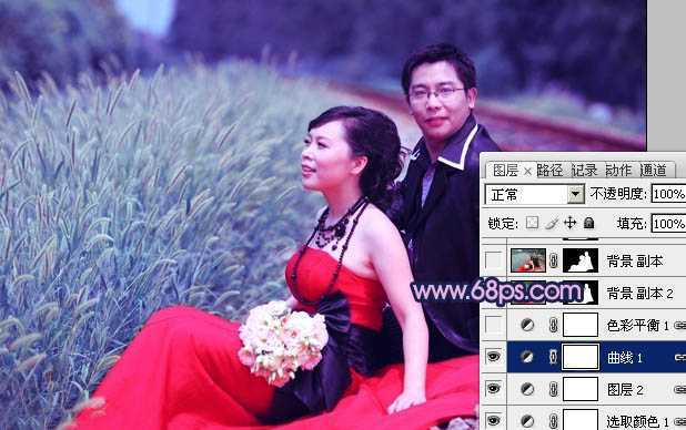 ‘Photoshop将铁轨婚片调制成暗调青蓝色效果‘