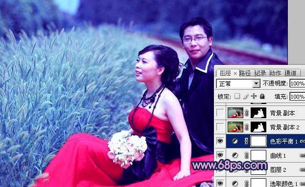 ‘Photoshop将铁轨婚片调制成暗调青蓝色效果‘