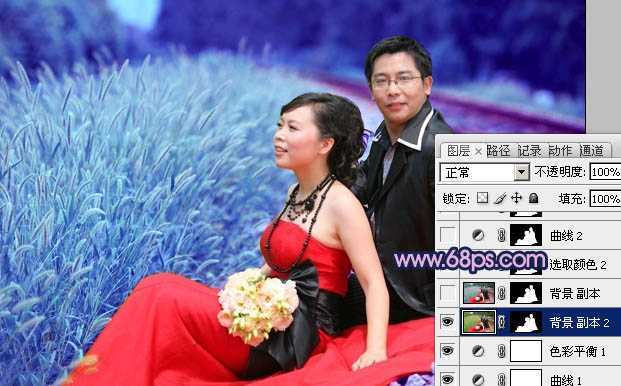 ‘Photoshop将铁轨婚片调制成暗调青蓝色效果‘