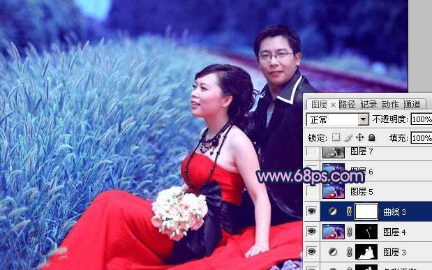‘Photoshop将铁轨婚片调制成暗调青蓝色效果‘