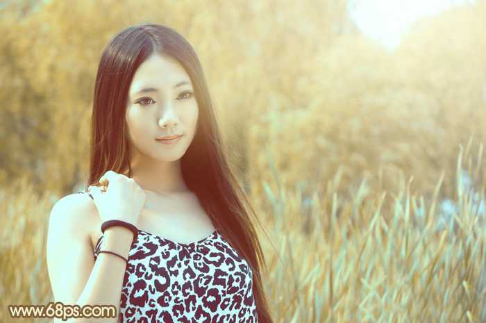 ‘Photoshop为绿树边的美女调制出韩系暖褐色‘