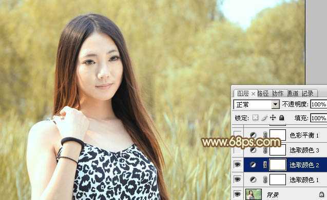 ‘Photoshop为绿树边的美女调制出韩系暖褐色‘
