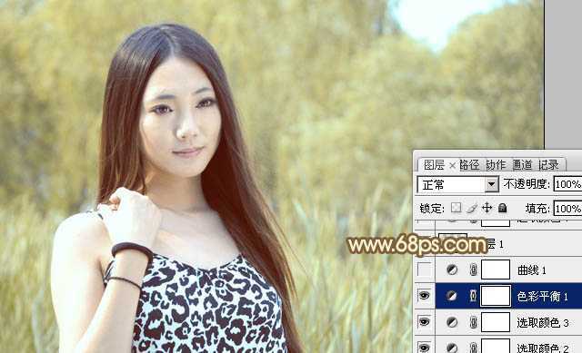 ‘Photoshop为绿树边的美女调制出韩系暖褐色‘