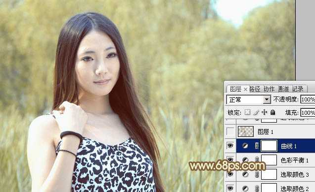 ‘Photoshop为绿树边的美女调制出韩系暖褐色‘