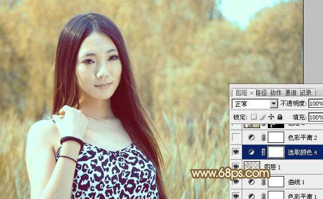 ‘Photoshop为绿树边的美女调制出韩系暖褐色‘