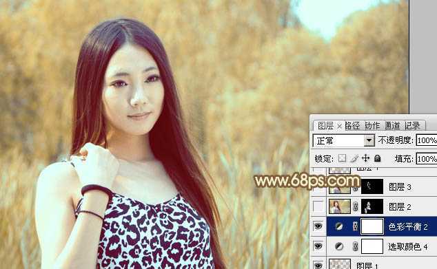 ‘Photoshop为绿树边的美女调制出韩系暖褐色‘