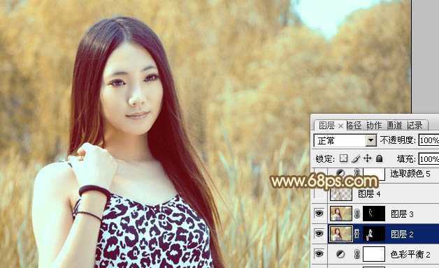 ‘Photoshop为绿树边的美女调制出韩系暖褐色‘