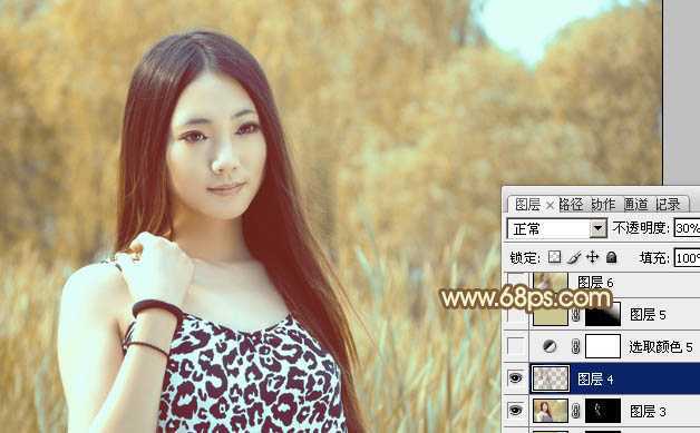 ‘Photoshop为绿树边的美女调制出韩系暖褐色‘