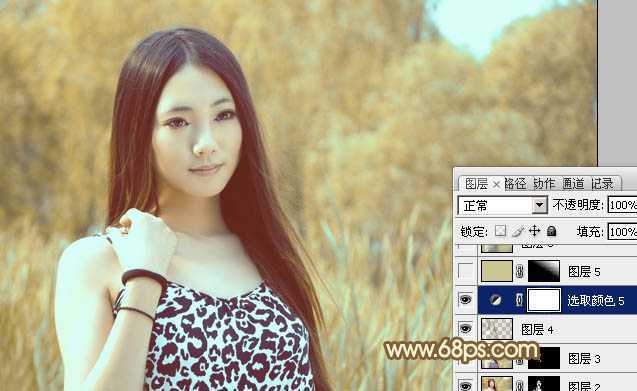 ‘Photoshop为绿树边的美女调制出韩系暖褐色‘