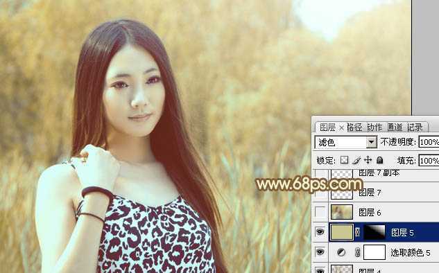 ‘Photoshop为绿树边的美女调制出韩系暖褐色‘