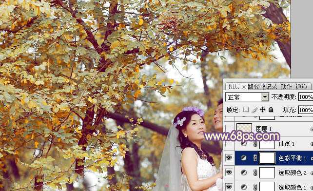 ‘Photoshop为树林婚片调制出浓郁的秋季色‘