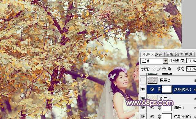 ‘Photoshop为树林婚片调制出浓郁的秋季色‘