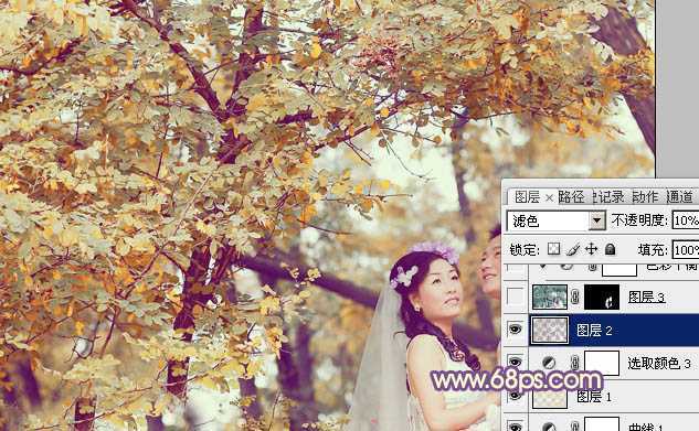 ‘Photoshop为树林婚片调制出浓郁的秋季色‘