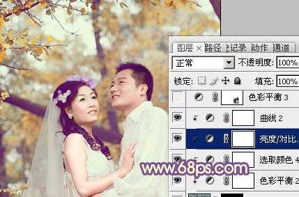 ‘Photoshop为树林婚片调制出浓郁的秋季色‘