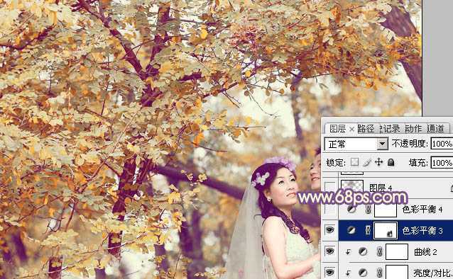 ‘Photoshop为树林婚片调制出浓郁的秋季色‘
