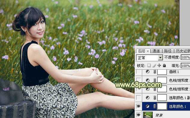 ‘Photoshop为草地上的美女加上古典暗调青黄色‘