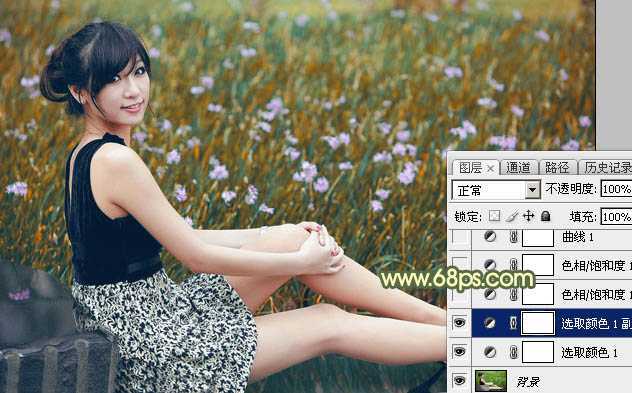‘Photoshop为草地上的美女加上古典暗调青黄色‘