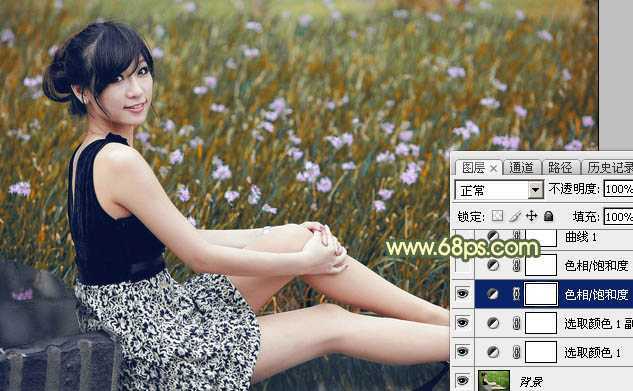 ‘Photoshop为草地上的美女加上古典暗调青黄色‘