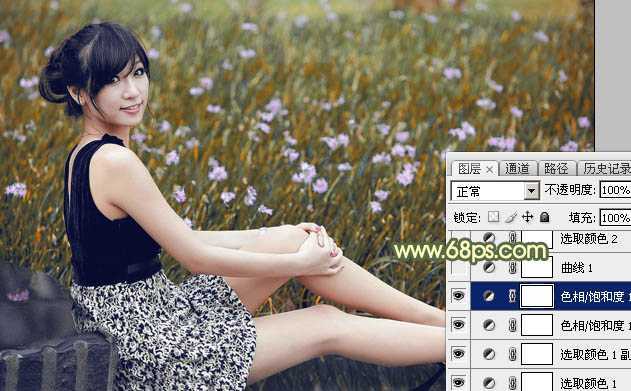 ‘Photoshop为草地上的美女加上古典暗调青黄色‘