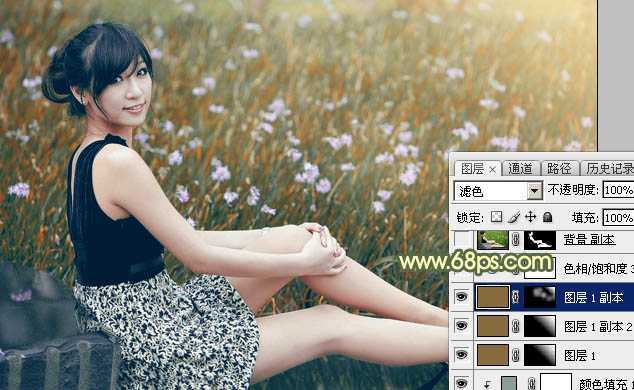 ‘Photoshop为草地上的美女加上古典暗调青黄色‘
