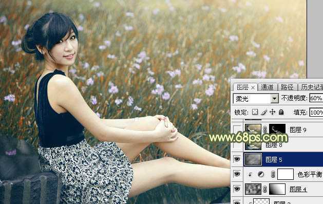 ‘Photoshop为草地上的美女加上古典暗调青黄色‘