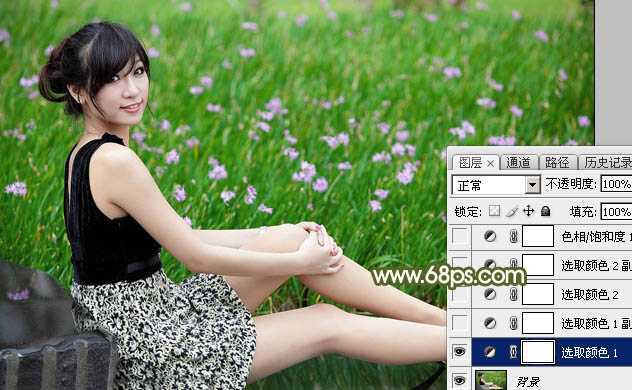 ‘Photoshop调出唯美的黄绿阳光色花丛中美女图片‘
