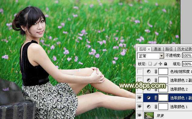 ‘Photoshop调出唯美的黄绿阳光色花丛中美女图片‘
