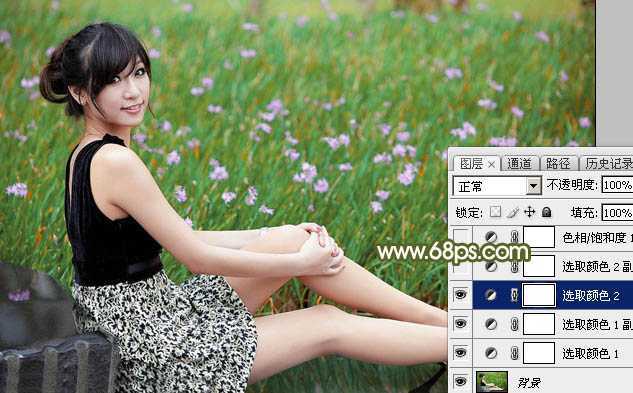 ‘Photoshop调出唯美的黄绿阳光色花丛中美女图片‘
