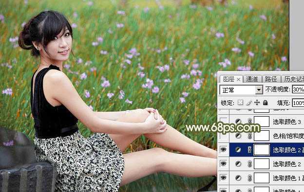 ‘Photoshop调出唯美的黄绿阳光色花丛中美女图片‘