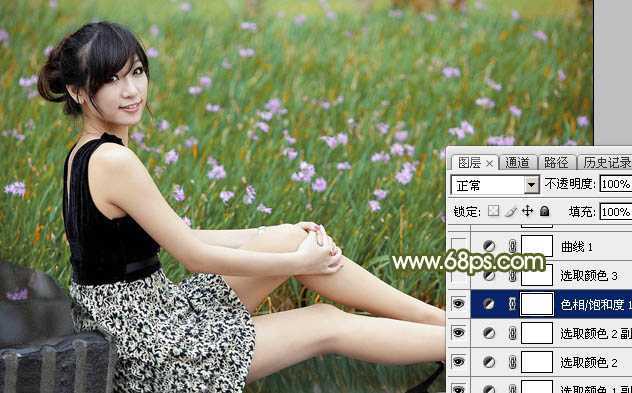 ‘Photoshop调出唯美的黄绿阳光色花丛中美女图片‘