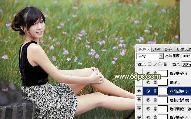 ‘Photoshop调出唯美的黄绿阳光色花丛中美女图片‘