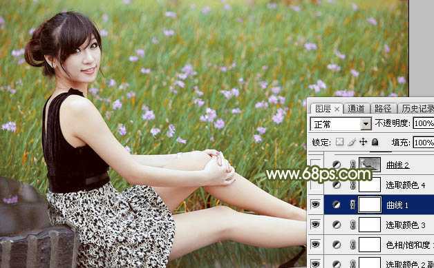 ‘Photoshop调出唯美的黄绿阳光色花丛中美女图片‘